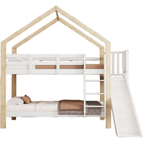 Lit superposé enfant Lit double 90x200 cm avec toboggan et échelle à 3 marches - barrières - Structure en bois massif - Blanc et naturel (1/5)
