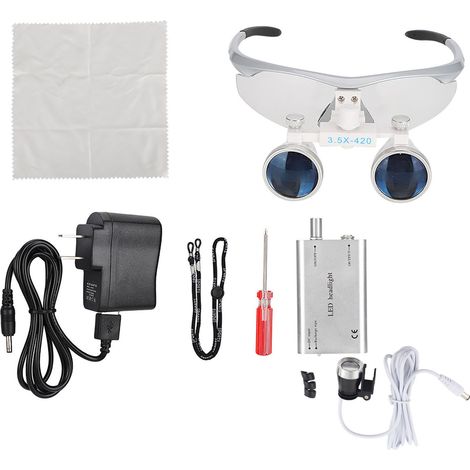 Loupe chirurgicale dentaire 3.5X réglable avec lampe frontale LED, prise US 110-240V, argenté (1/5)