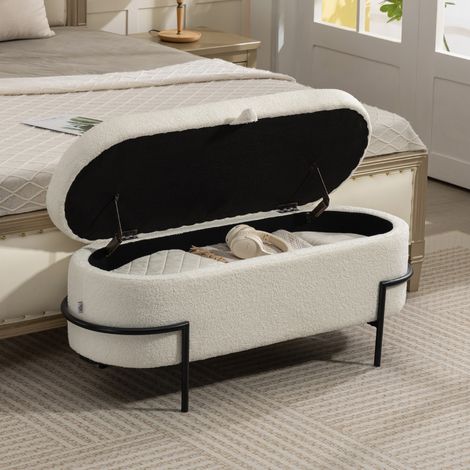 Banc de rangement, banc coffre de rangement en tissu bouclette avec couvercle relevable et pieds en acier, crème (1/5)