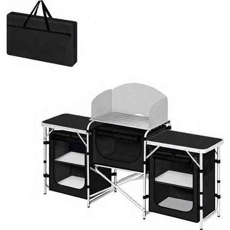Cuisine de camping pliable avec 5 compartiments, 3 plans de travail, 2 poches latérales, structure aluminium et plateau MDF, noire, compacte pour l'extérieur - CHICFURN (1/5)