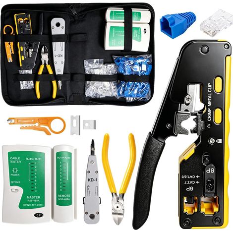 Crimping Tool RJ45, Network Crimping Tools with 60pcs RJ45 Connector and 60pcs Anti-Twist Protectors, Cable Tester, LSA Mounting Tool, Side Cutting Pliers (1/5)