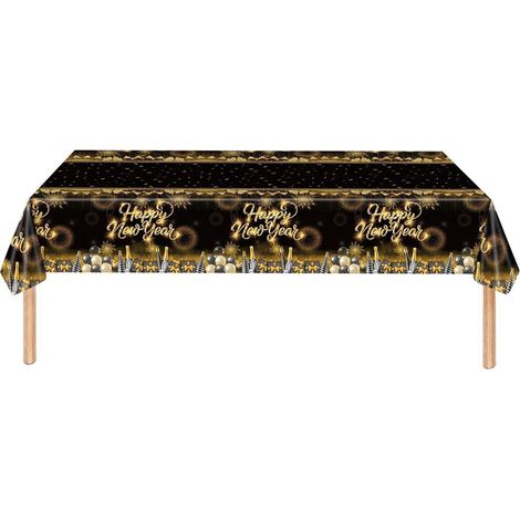 Nappe Saint-Sylvestre 2025 Noir Or 137x274cm PVC Happy New Year Déco