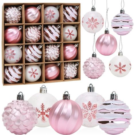 Boules de Noël Rose, 16pcs Boule d'arbre de Noël 6cm, Ornement de Sapin de Noël, Peint Boule Noel Plastique Rose Blanc avec Lanière pour Decoration Sapin Noel Intérieure ou Extérieure
