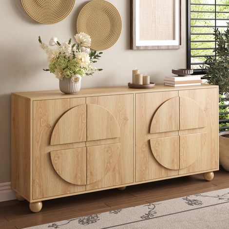 Buffet bas 160x38 cm avec 4 portes à relief circulaire, étagères réglables et pieds boule en pin massif, MDF, Bois naturel (1/5)