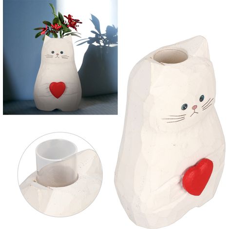 Statue de Chat Blanc Vase à Fleurs en Bois Texturé Manucraft 15cm Décoration Maison Collection Cadeau Thanksgiving (1/5)