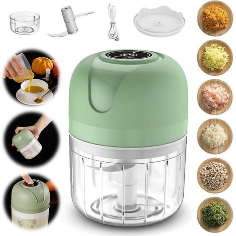 Hachoir à ail électrique rechargeable USB, hachoir à légumes portable, hachoir à ail et oignons électrique, mini hachoir (vert, 250 ml) (1/5)