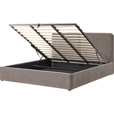 Cama con almacenaje elegante con cabecero tapizado en chenilla base elevable somier de láminas gris pardo 180 x 200 cm Arbois (1/5)