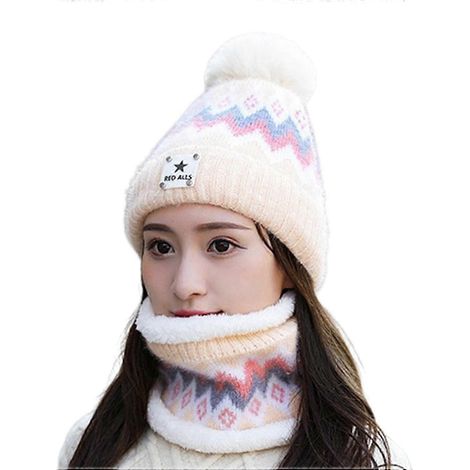 2-teiliges Wintermützen- und Schal-Set für Damen mit Plüschbommel-Dekor in Kontrastfarben und dickem Plüschfutter – kältebeständig-Beige
