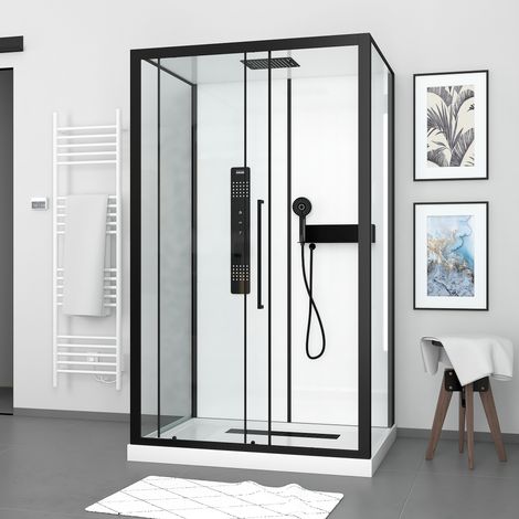 Aurlane – Cabine de douche 115x90x210 cm – Receveur bas 7,5 cm – Douche pluie, hydromassage, douchette – Grille linéaire en aluminium noir mat