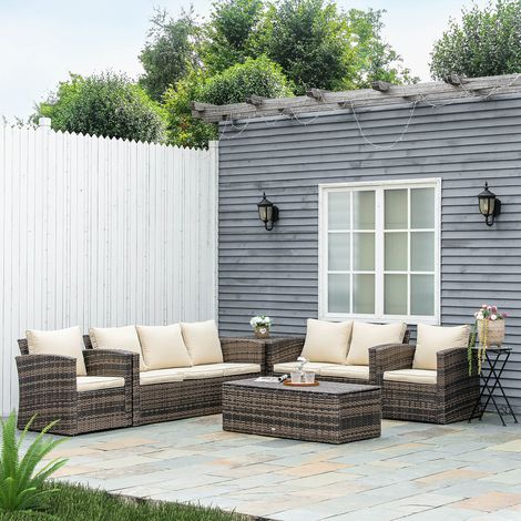 Conjunto de Jardín Exterior de Ratán 6 Piezas Cojines Sofá Doble Sofá 3 Plazas 2 Sillones 2 Mesas Auxiliares Caqui (1/5)