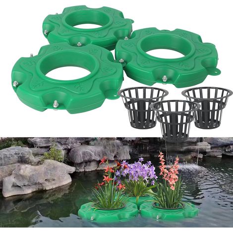 Lot de 3 pots flottants, PVC, 33x33 cm, rond, vert, pour bassin, jardin, étang (1/5)