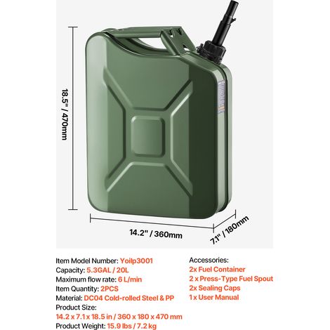 VEVOR Metal Fuel Container, 20 L, Fuel Jerry Can with Spout and Comfort Handle, 6 L/min Max Flow Rate, Leakproof & Corrosion-resistant Metal Gas Tank Most Cars Motorcycle ATV UTV, Green, 2 Packs (1/4)