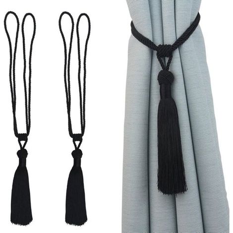 Lot de 2 embrasses de Rideaux Faites à la Main en Corde avec Pompons pour décoration de Bureau Maison (Noir, 2)