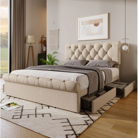Letto matrimoniale 140x200 cm in legno naturale, 4 cassetti per camera, senza materasso - FLORAGRACE (1/5)