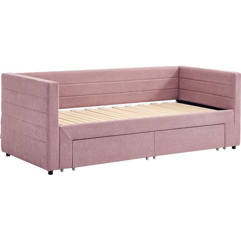 Lit banquette 2 x 80 x 200 cm - Avec sommier peigne et tiroirs - Tissu texturé - Rose - CAMITY