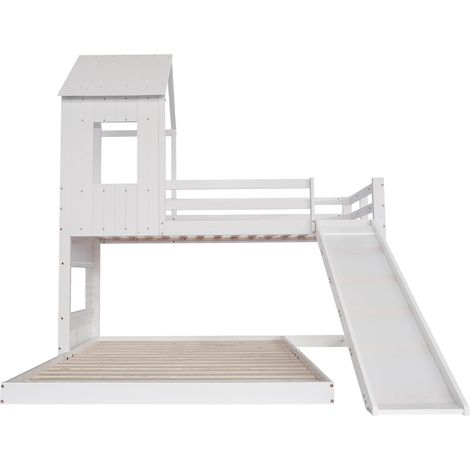 Lit superposé avec toboggan, maison, lit enfant, barrière anti-chute, fenêtre et toit, échelle 3 marches, pin MDF, blanc, 90x200 et 140x200, matelas non inclus, pour chambre enfant (1/5)