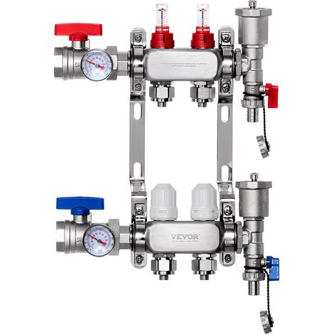 VEVOR Collettore di Riscaldamento Radiante a 2 Rami, Collettore per Tubi PEX da 12,7 mm in Acciaio Inossidabile PEX, con Adattatori da 12,7 mm, per Pavimento Radiante Idronico, Kit Collettore PEX