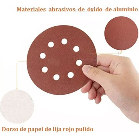 75 disques de papier de verre rouge à 8 trous de 5 pouces, 125 mm, perforés et floqués, pour le ponçage du corindon brun avec une finition floquée. (1/5)