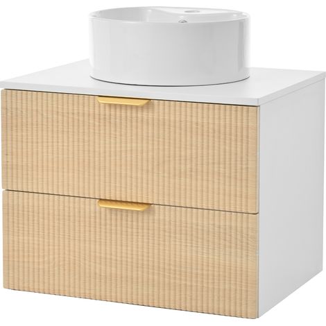 Badunterschrank hängend mit 2 Schubladen und Ablagefläche, rundem Waschbecken, MDF, Naturholz, 60 cm (1/5)