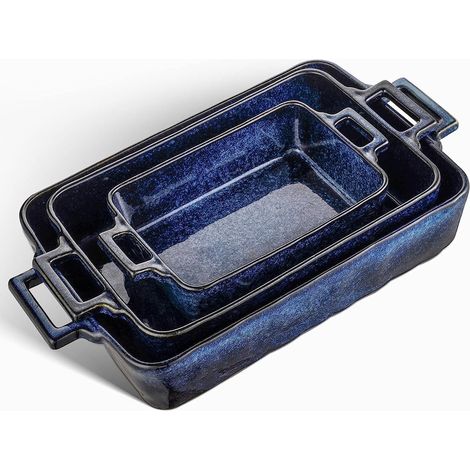 Ensemble de 3 ustensiles de cuisson en céramique - Plat de cuisson rectangulaire en porcelaine - Plat à lasagnes pour la cuisine, le dîner à gâteaux et le banquet - 39 x 21 cm - Bleu (1/5)