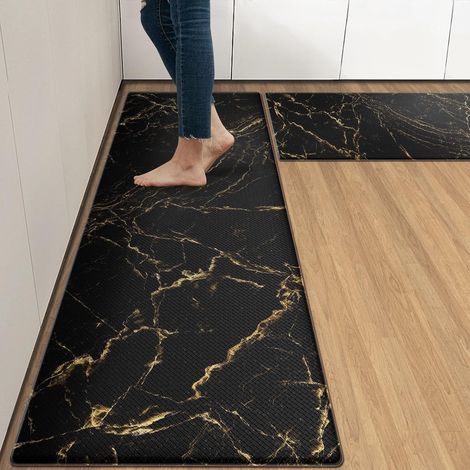 PVC Kitchen Floor Mat, Simple Marble Pattern, Oil-proof and Stain-resistant, Anti-fatigue, Thickened Carpet - Marble - Black - 44 x 75 x 1.0cm