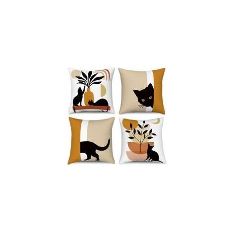 Lot de 4 Housse de Coussin Boho 45x45 , Abstrait Chat Noir Plante Soleil Lune Taie d'oreiller décorative Art Moderne Minimaliste Housse d'oreiller en Lin esthétique pour canapé Home Decor (1/5)