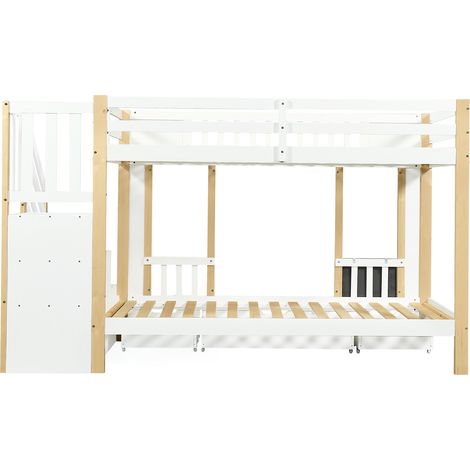 Kinder-Hochbett 90x200 cm mit Treppe, Stauraum, 3 Schubladen und Tafel, weiß/natur (1/5)