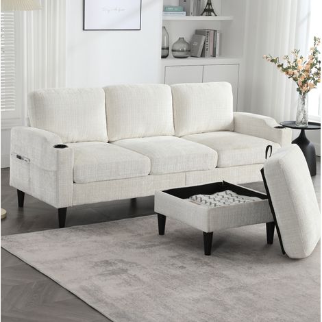Sofá 4 plazas 196,5 x 75 x 77 cm de chenilla beige con almacenaje FloraGrace (1/5)
