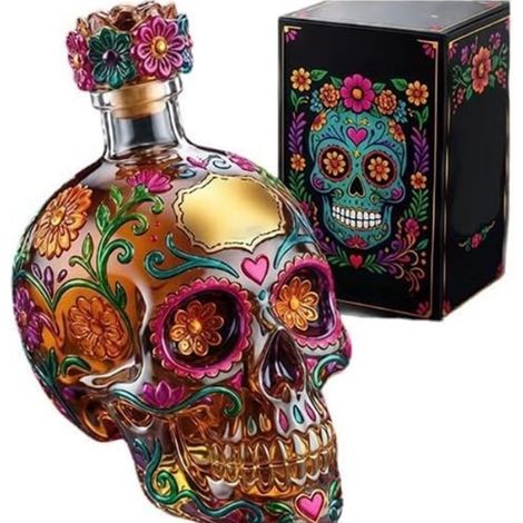 Bouteille carafe en forme de crâne gothique 2026, édition limitée décorative en verre peint, carafe à spiritueux vide pour whisky, motif floral créatif pour Halloween (350 ml) (1/5)