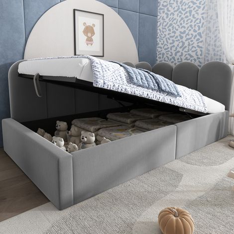 REDOM Lit simple 90x190 cm avec rangement hydraulique, cadre de lit à lattes métalliques, revêtement en velours, gris(sans matelas)