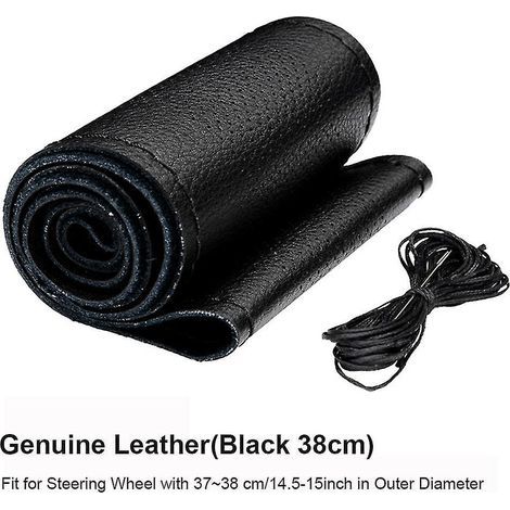 Universeller Lenkradbezug aus schwarzem Echtleder, 38 cm (15 Zoll), handgenäht und gelocht. Autoinnenausstattung.