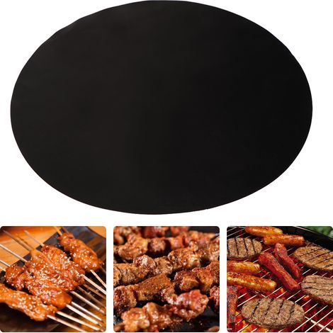 Tapis de cuisson rond en silicone noir 40 cm, antiadhésif, lavable et résistant à la chaleur, pour barbecue et cuisinière à gaz. (1/4)
