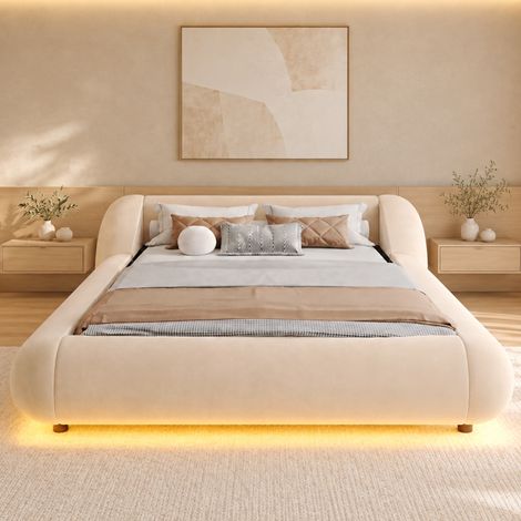 Letto matrimoniale effetto sospeso 140x200 cm imbottito in velluto, rete e testiera avvolgente con LED, design moderno, beige (1/5)