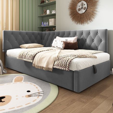 DESVIAE Lit banquette en velours gris 90 x 190 cm avec rangement hydraulique et sommier à lattes pour chambre enfant et ado (1/4)