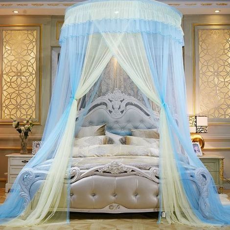 Moustiquaire de plafond pour lit double, installation facile, dôme pliable avec crochets, bleu et beige - 1,8 m