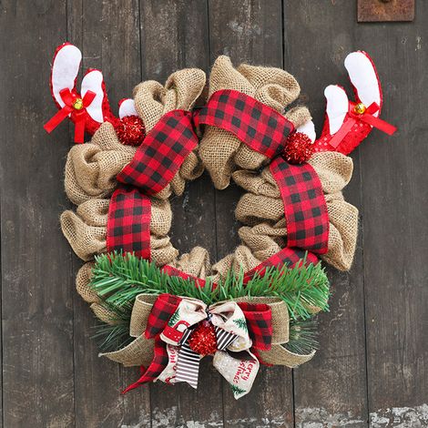 Couronne de Noël, bois de renne artificiels, guirlande en toile de jute, décorations de Noël à suspendre à la porte pour la maison et la classe (1/3)