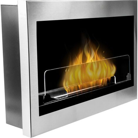 Cheminée bioéthanol murale argentée 2,5 kW – Brûleur acier inoxydable – Chambre de combustion 1,9 l – Design moderne – Bigmat
