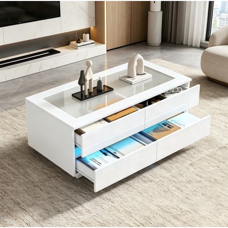 Couchtisch 100 x 50 x 40 cm mit 4 Schubladen, LED, Glasplatte, weiß OKMYHOME (1/5)