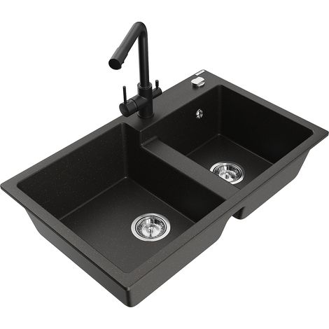 Mexen Tomas 2-Becken-Granitspüle mit Mischbatterie Duero, Schwarz/Gold metallisch - 6516-75-671600-70 (1/5)