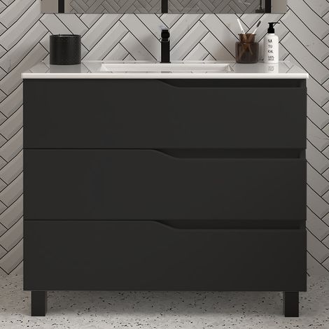 Meuble de salle de bain 80cm simple vasque - 3 tiroirs - sans miroir - noir - MATA (1/3)