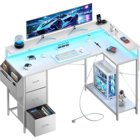 ECOFURNIX Escritorio Gaming LED en L, 118 cm Escritorio de Ordenador con 3 Cajones de Tela, Toma de Corriente Integrada y Soporte para Monitor, Blanco (1/5)