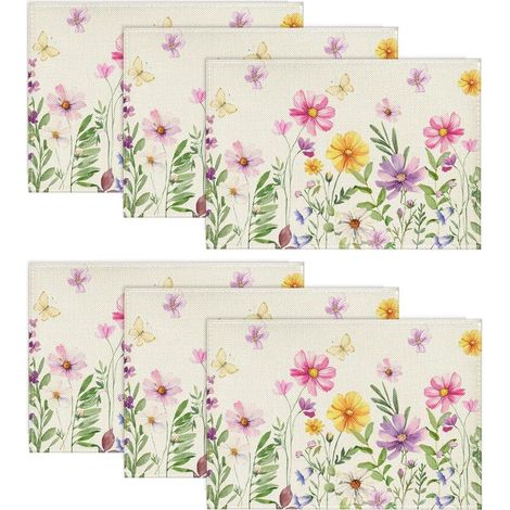 Lot de 6 sets de table - Motif : fleurs et papillons - Décoration intérieure - Vacances - Décoration de fête - 30 x 45 cm