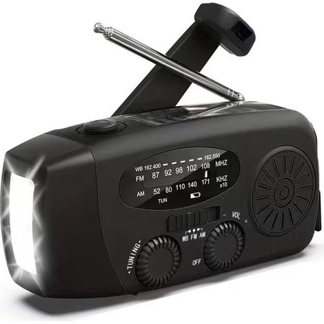 Radio di emergenza portatile, radio di emergenza, power bank (2000 mAh), torcia elettrica, alimentazione solare, cavo USB, kit di emergenza, power bank solare, plastica, nero (1/5)