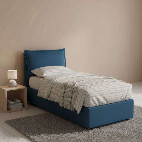 Talamo Italia Cama individual Roberta, Cama contenedor con revestimiento de tela, 100% Made in Italy, Apertura lateral, con colchón 80x190 cm incluido, Azul, con embalaje reforzado (1/5)