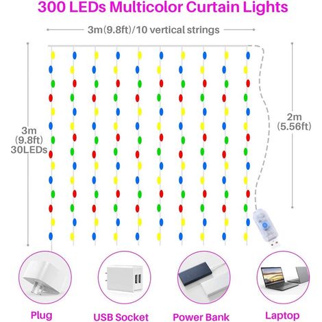 Stringa di luci a LED per tende da 3x3 m con 8 modalità, 300 LED, decorazione impermeabile IP44 (colorata) (1/4)
