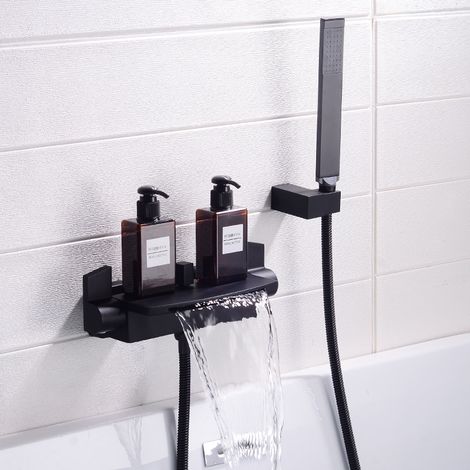 Mitigeur Baignoire Cascade Mural Robinet Baignoire Fixé Au Mur Pour Salle De Bains Robinet De Bain Avec Douche à Main Mitigeur De Bain(Noir B)