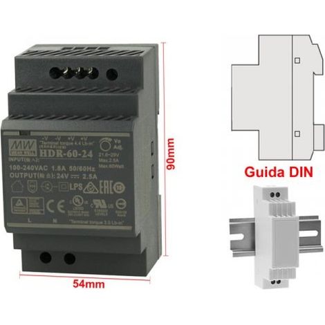 MW MEAN WELL HDR-60-24 Trasformatore Rotaia Industriale 24V 60W Barra Guida DIN Rail Power Supply Universale (1/3)