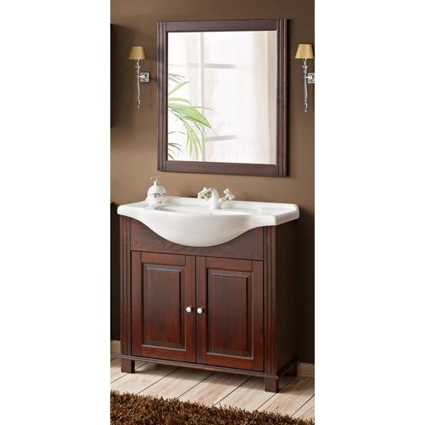 Landhaus Waschplatz Set inkl. 85 cm Keramik-Waschbecken AVEIRO-56, Pinie Massivholz braun, B/H/T ca. 85/180/49 cm (1/5)