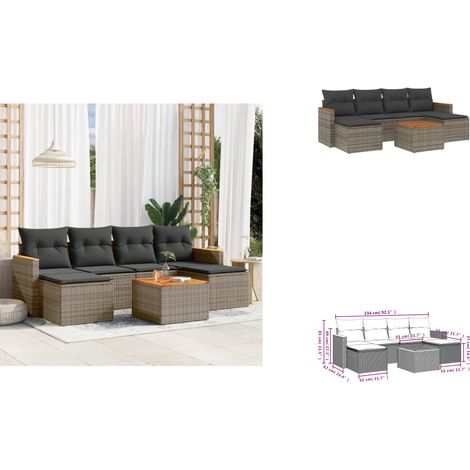 7-tlg. Garten-Sofagarnitur mit Kissen Grau Poly Rattan - Gartenmöbel Set - PE-Rattan Möbel - Outdoor Sofa - Esstisch - Lounge Gruppe (1/3)