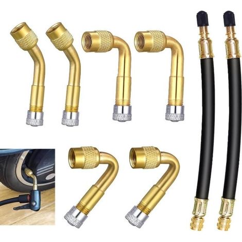 8 Pièces Rallonge Valve Pneu Universelle, Extension Valve Pneu Coudées 45° 90° 135°, 2 Tubes Flexibles 180 mm Laiton Caoutchouc (1/5)